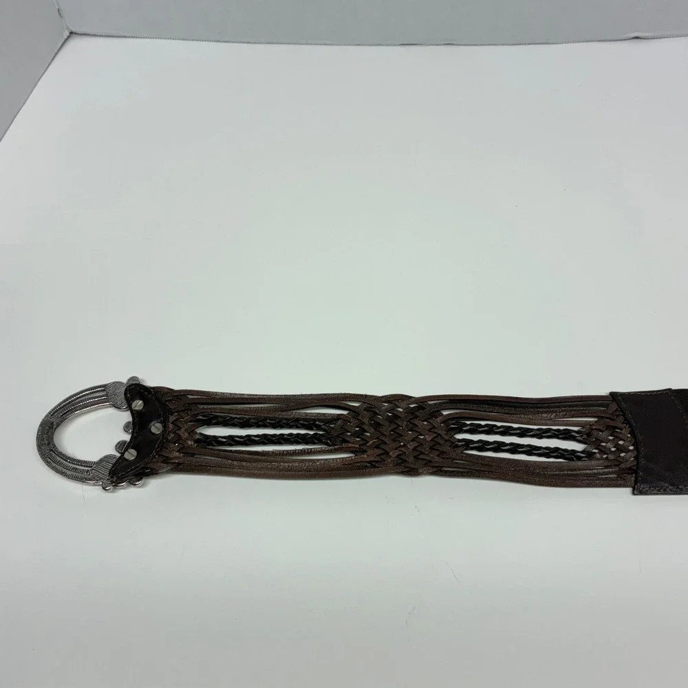 Vintage Chico's Braided‎ Brown Leather Belt Amber Black Cabochon Boho Statement